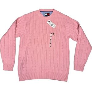 Tommy Hilfiger Sweater Men's M Pink Logo Classic Cable Knit Crew Neck Pullover
